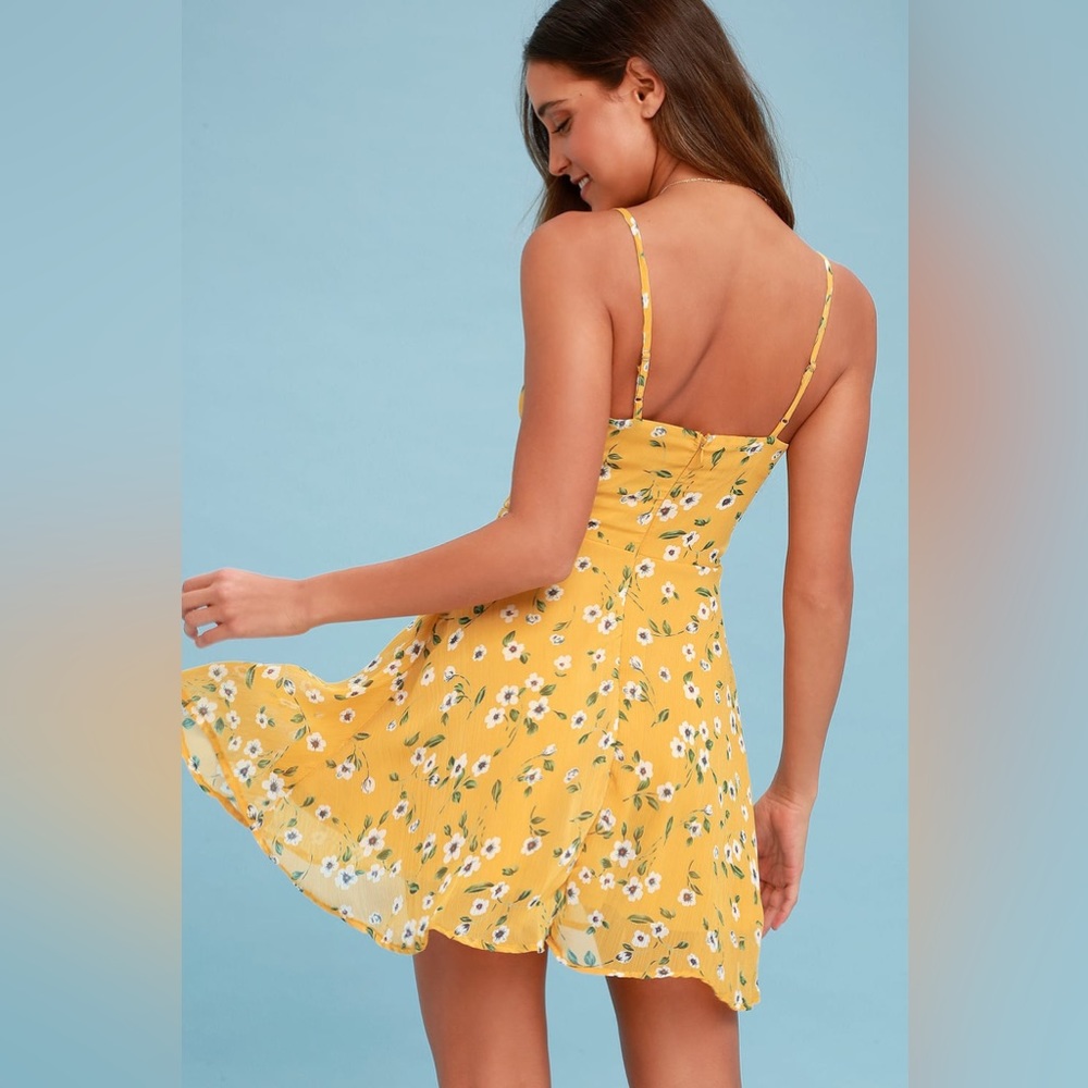 LULUS Daisies Go By Mustard Yellow Floral Print Mini Dress - Picture 7 of 7